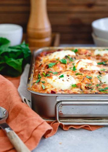 Spaghetti Squash Baked Ziti with Turkey Sausage, Mushrooms and Swiss Chard