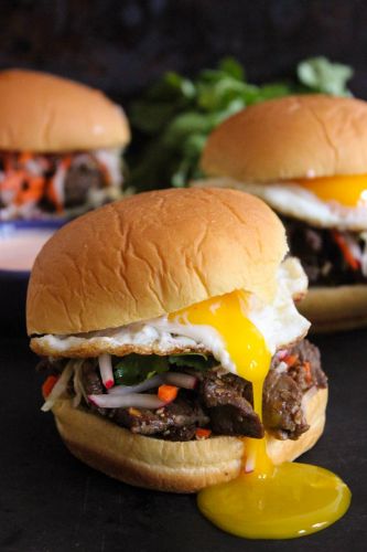 Bulgogi Sandwich with Tangy Slaw Fried Eggs and Creamy Spicy Sauce