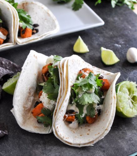 Smoky Sweet Potato and Black Bean Tacos with Chipotle Lime Crema