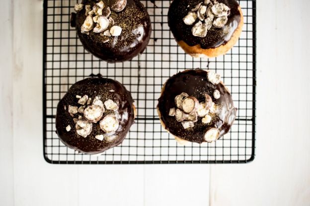 Dark chocolate and malt custard filled doughnuts