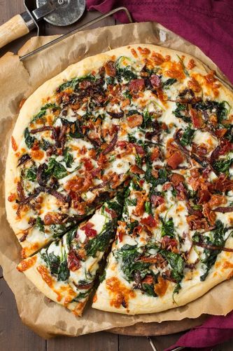 Caramelized Onion, Bacon And Spinach Pizza