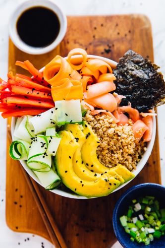 Vegan Sushi Rice Bowl with Sesame Soy Dressing