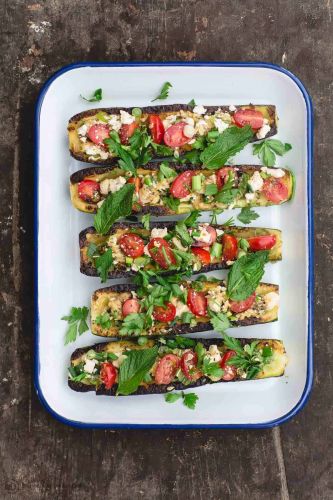 Mediterranean Grilled Zucchini Boats with Tomato and Feta