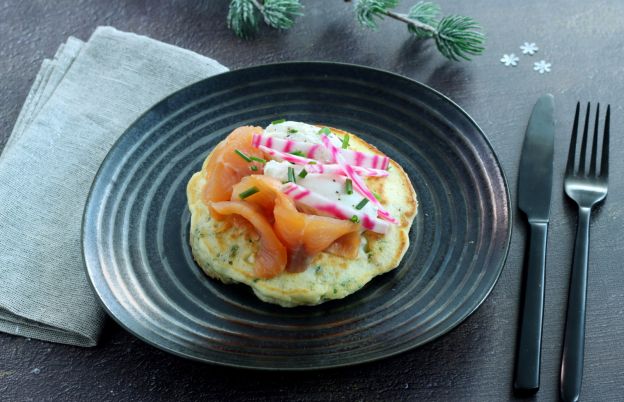 Smoked Salmon and Herb Pancakes with Savory Whipped Cream & Beets