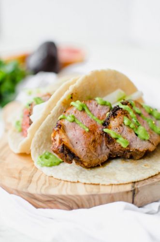 Pork Tenderloin Tacos with Creamy Avocado Sauce