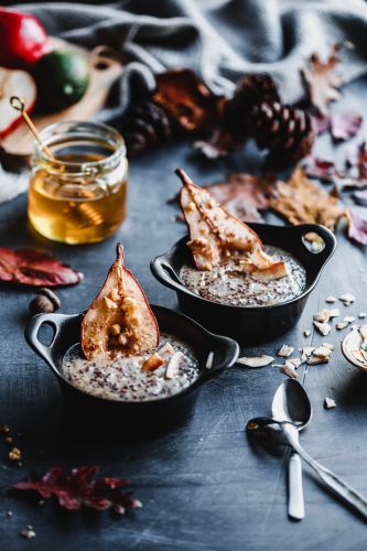 Spiced Quinoa Pudding with Baked Pears Honey and Nuts