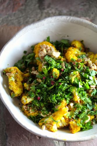 Spiced Roasted Cauliflower with Walnut, Cilantro, Mint