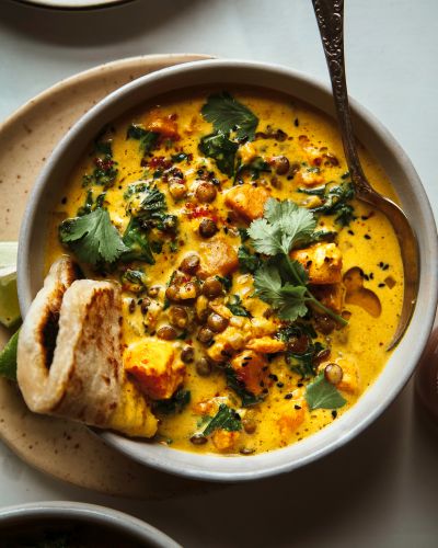 Ginger Sweet Potato and Coconut Milk Stew with Lentils & Kale