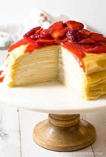 Lemon Ricotta Crepe Cake with Strawberry Sauce