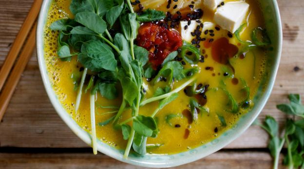 Butternut Squash Ramen Bowl with Rice Noodles, Tofu & Fresh Pea Shoots