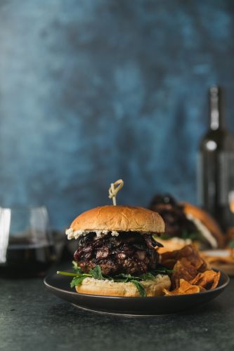 Red Wine Caramelized Onion Burgers with Portobellos and Garlic Herb Cheese