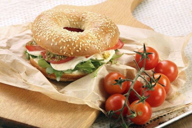 Caprese salad sesame bagel sandwich