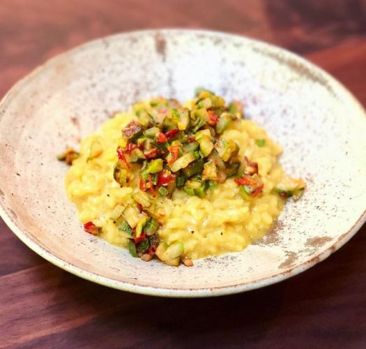 Saffron and Safflower Risotto with Zucchini and Chilies