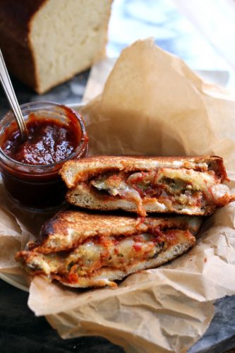 Eggplant Parmesan grilled cheese with chili tomato jam