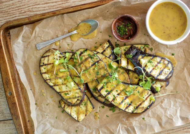 Grilled eggplant salad with mustard vinaigrette