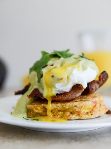 Sweet Corn Cake Eggs Benedict with Avocado Hollandaise