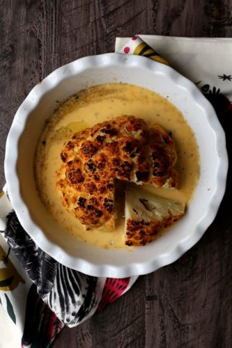 Whole Roasted Cauliflower with Cheddar Beer Sauce