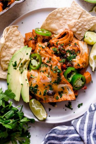 Butternut Squash and Black Bean Vegetarian Enchiladas Skillet