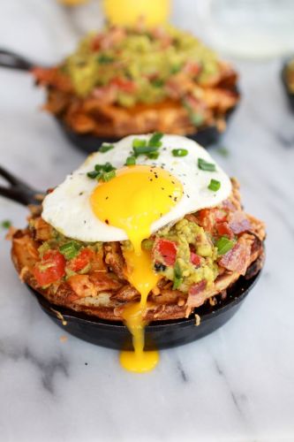 Cheesy Cajun Fries with Grilled Corn Guacamole, Bacon and Fried Eggs