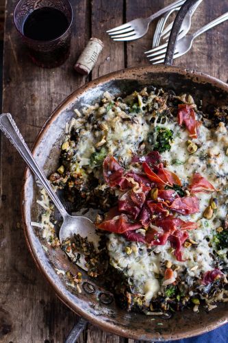 Harissa, Broccoli, Spinach, Wild Rice Casserole with Crispy Prosciutto