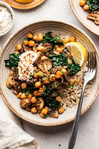 Miso Mushrooms with Chickpeas and Kale