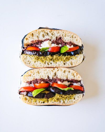 Tomato and Grilled Eggplant Stacked Sandwich