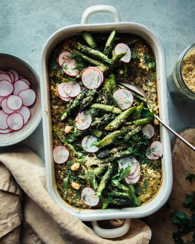 Pesto Quinoa & White Bean Bake with Spring Vegetables