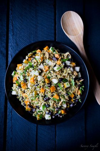 Freekeh salad with sweet potatoes and pears