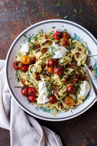 Garlic and Herb Roasted Cherry Tomato Carbonara with Crispy Prosciutto and Burrata