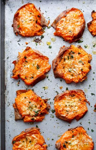 Garlic Butter Smashed Sweet Potatoes with Parmesan