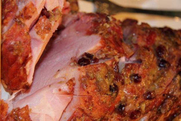 Glazed Ham with Gooseberry and Cranberry Mustard Compote