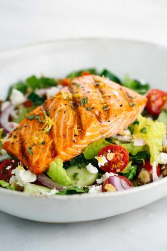 Salmon Greek Salad With Lemon Basil Dressing