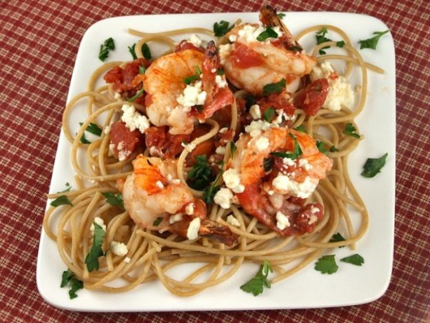 Greek-style shrimp scampi with wholewheat spaghetti