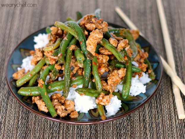 Chinese Green Beans With Ground Turkey Over Rice