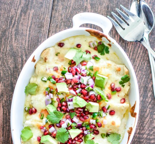 White green chile chicken enchiladas with pomegranate salsa