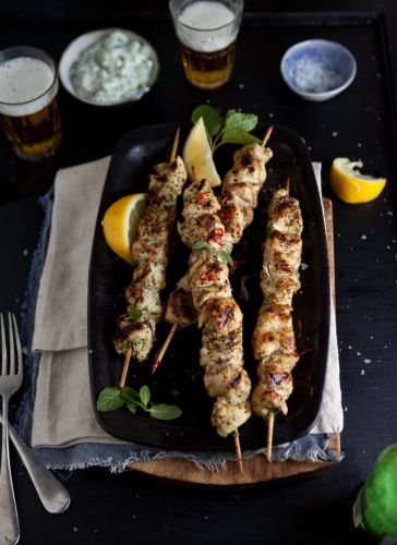 Grilled Chicken Kebabs with Lemon, Chili, Mint and Tzatziki