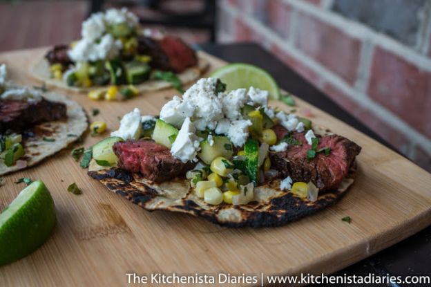 Grilled Coffee Rubbed Hanger Steak Tacos With Fresh Corn & Zucchini Relish