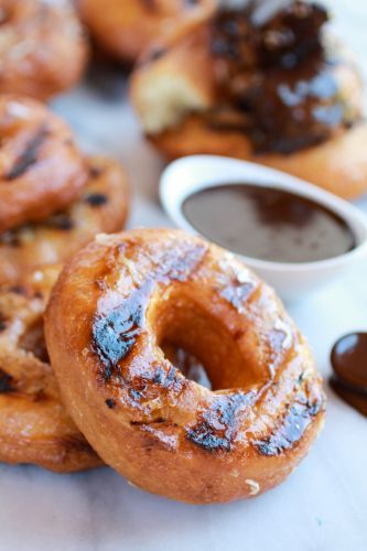 Grilled Espresso Glazed Coconut Doughnuts with Mocha Coconut Ganache