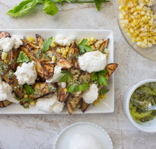 Grilled Garlic-Herb Potato Wedges With Corn, Pesto & Burrata