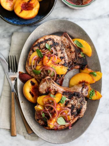 Grilled Pork Chops with Spicy Balsamic Grilled Peaches