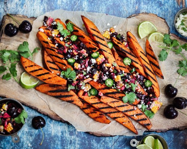 Grilled Sweet Potato Fries and Fresh Cherry Corn Salsa