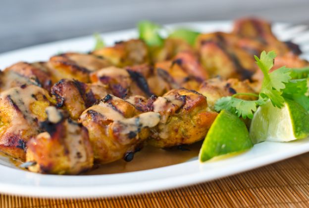 Grilled Thai Curry Chicken Skewers with Coconut-Peanut Sauce