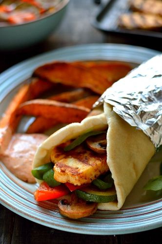 Harissa Halloumi and Roasted Vegetable Wraps