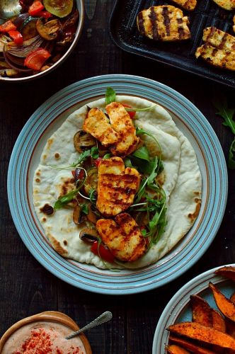 Harissa halloumi and roasted vegetable wraps