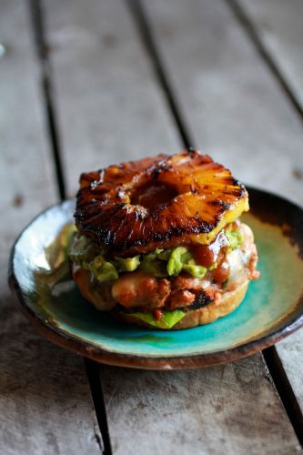 Hawaiian salmon burgers with coconut caramelized pineapple