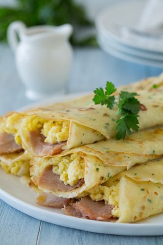 Herbed crepes with egg, Swiss cheese and ham