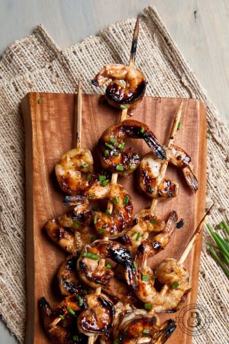 Honey balsamic beer glazed shrimp skewers