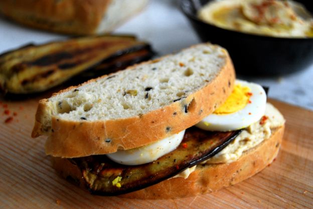 Sabih with Hummus, Grilled Aubergine and Boiled Egg