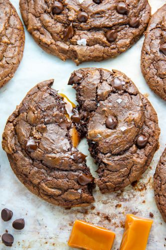 Soft batch salted caramel chocolate fudge cookies