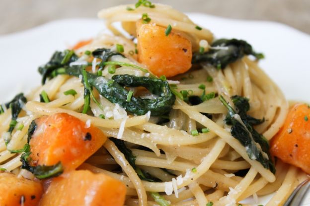 BROWN BUTTER SPAGHETTI WITH BABY KALE AND ROASTED BUTTERNUT SQUASH